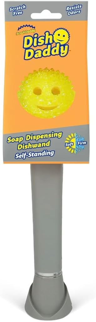 Scrub Daddy Dish Daddy Self-Standing Soap Dispensing Dishwand with FlexTexture Foam Head and Replaceable Heads