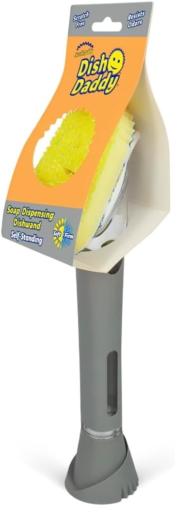 Scrub Daddy Dish Daddy Self-Standing Soap Dispensing Dishwand with FlexTexture Foam Head and Replaceable Heads