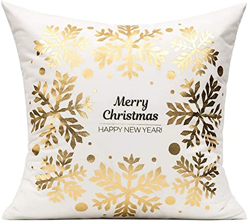 All Smiles White Gold Christmas Decorations Throw Pillow Covers 18X18 Set of 4 Winter Xmas Navidad Home Holiday Décor Velvet Cushion Cases for Sofa Tree Snowflake Reindeer