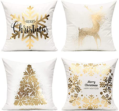 All Smiles White Gold Christmas Decorations Throw Pillow Covers 18X18 Set of 4 Winter Xmas Navidad Home Holiday Décor Velvet Cushion Cases for Sofa Tree Snowflake Reindeer