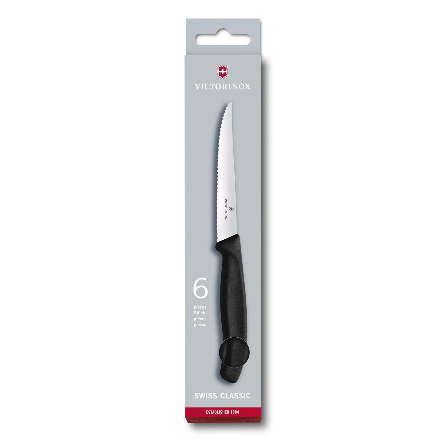 Victorinox 6.7233.6 Swiss Classic Steak Knife Set Ideal for Slicing a Wide Variety of Steak Cuts Serrated Blade in Black, Set of 6