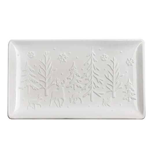 AuldHome Reindeer Christmas Tree Platter; Ceramic Embossed White Serving Tray