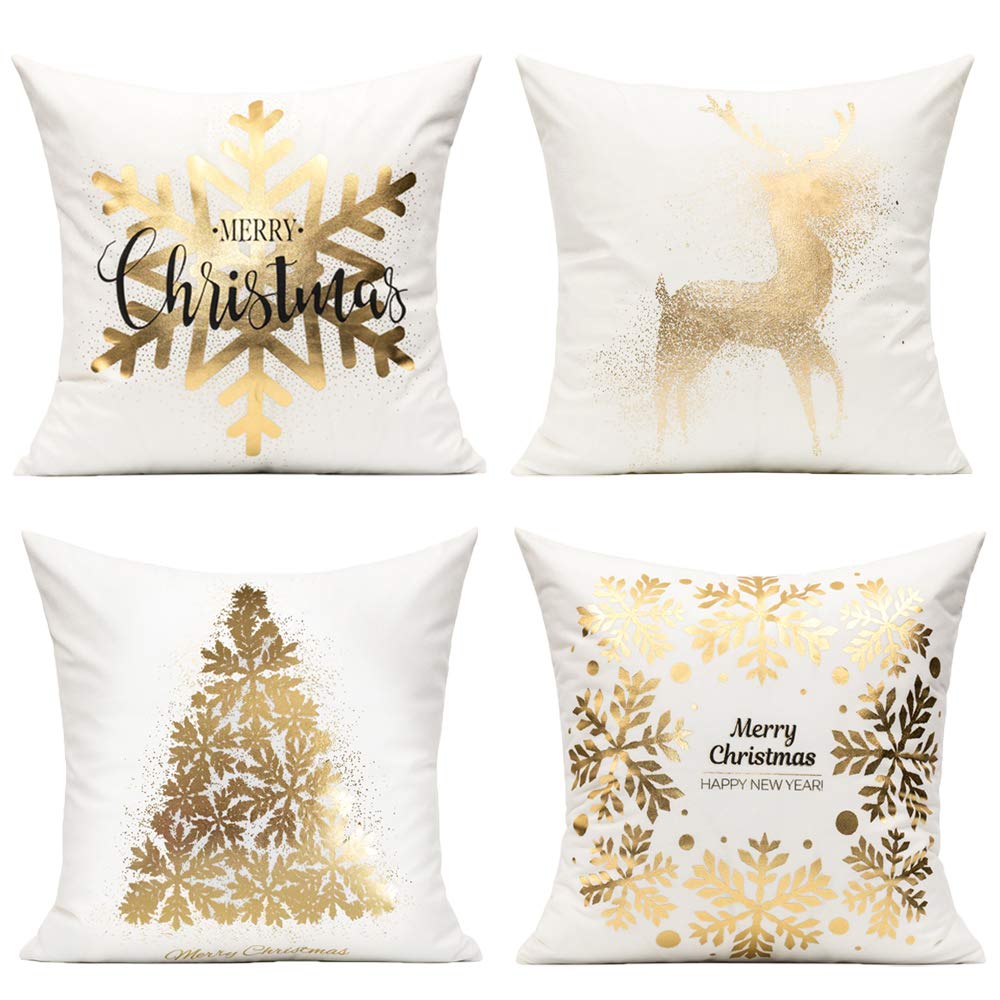 All Smiles White Gold Christmas Decorations Throw Pillow Covers 18X18 Set of 4 Winter Xmas Navidad Home Holiday Décor Velvet Cushion Cases for Sofa Tree Snowflake Reindeer