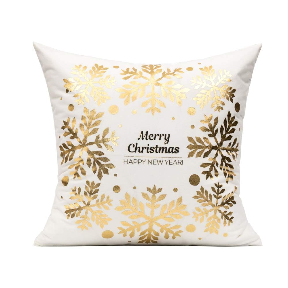 All Smiles White Gold Christmas Decorations Throw Pillow Covers 18X18 Set of 4 Winter Xmas Navidad Home Holiday Décor Velvet Cushion Cases for Sofa Tree Snowflake Reindeer