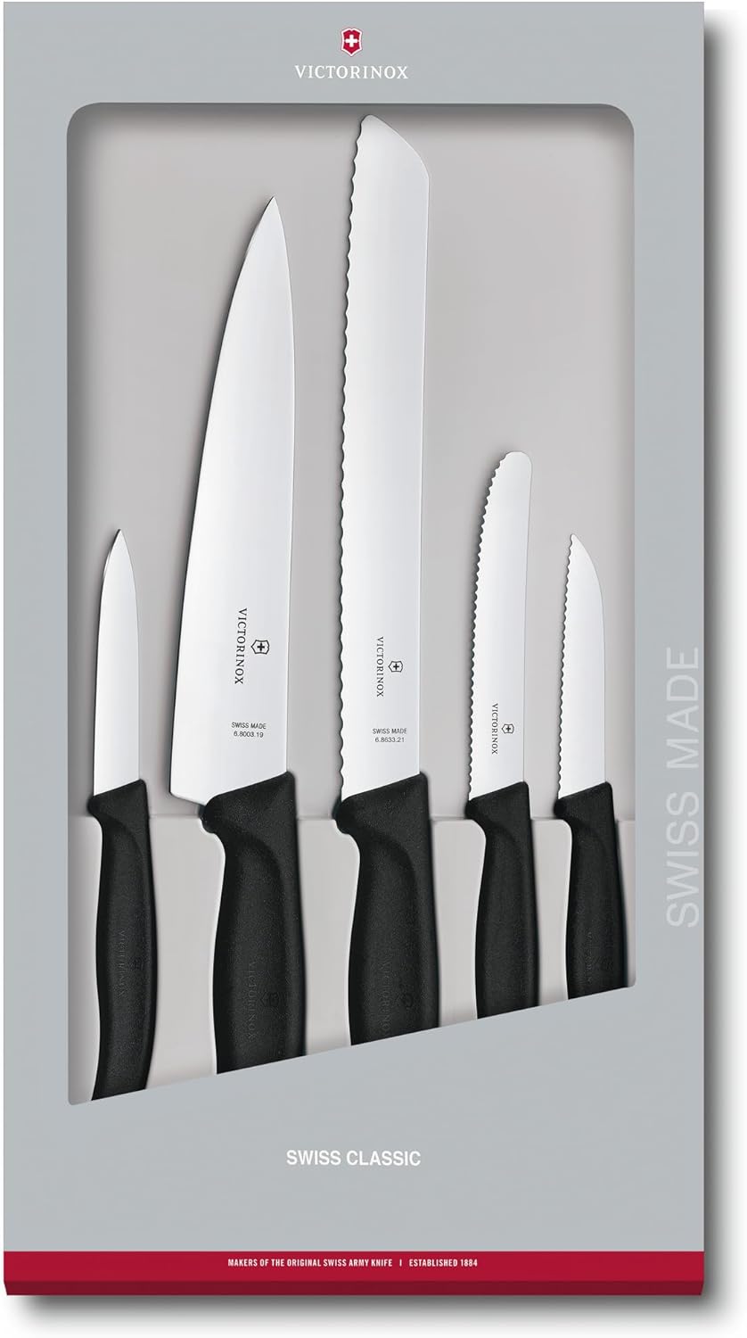 Victorinox Swiss Classic Kitchen Knife Set, 5 Pieces - Paring Knives, Utility Knife, Carving Knife and Bread Knife - Black, Multiple