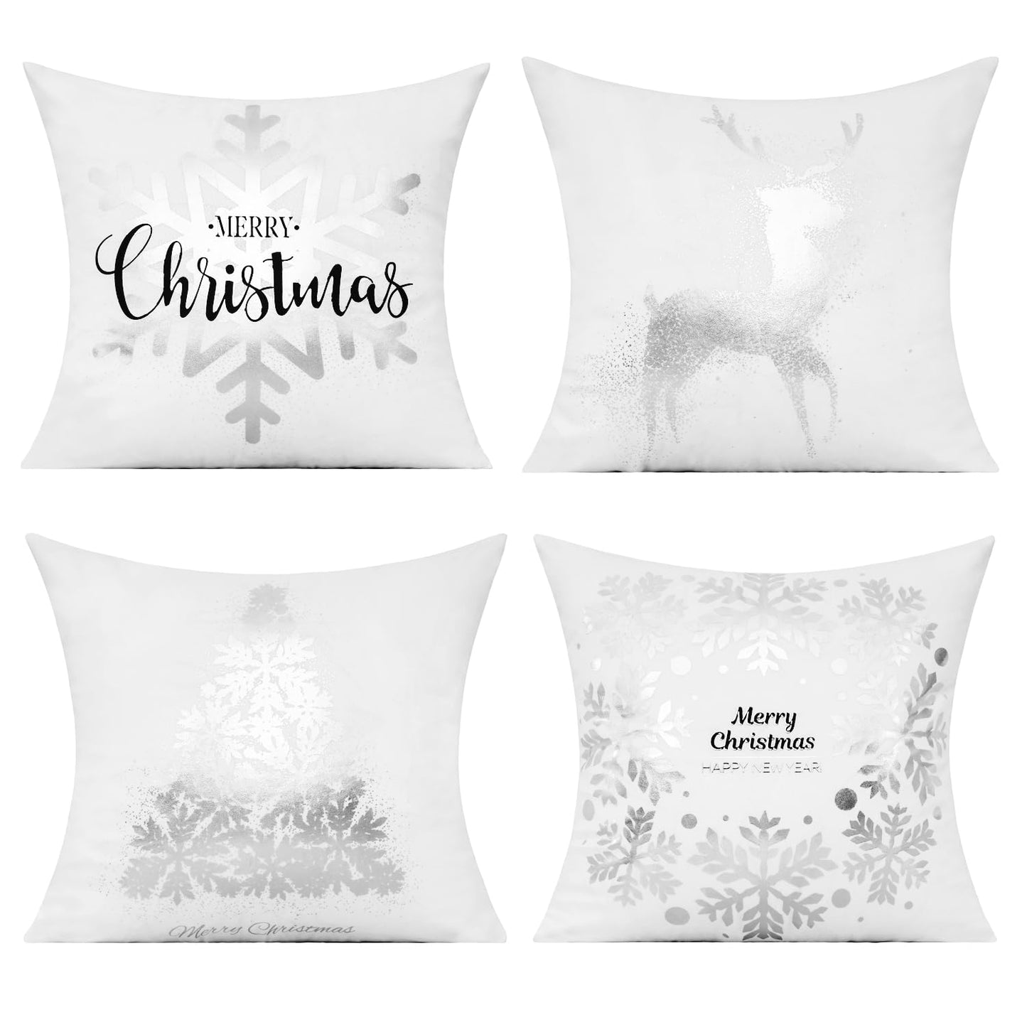 All Smiles White Gold Christmas Decorations Throw Pillow Covers 18X18 Set of 4 Winter Xmas Navidad Home Holiday Décor Velvet Cushion Cases for Sofa Tree Snowflake Reindeer