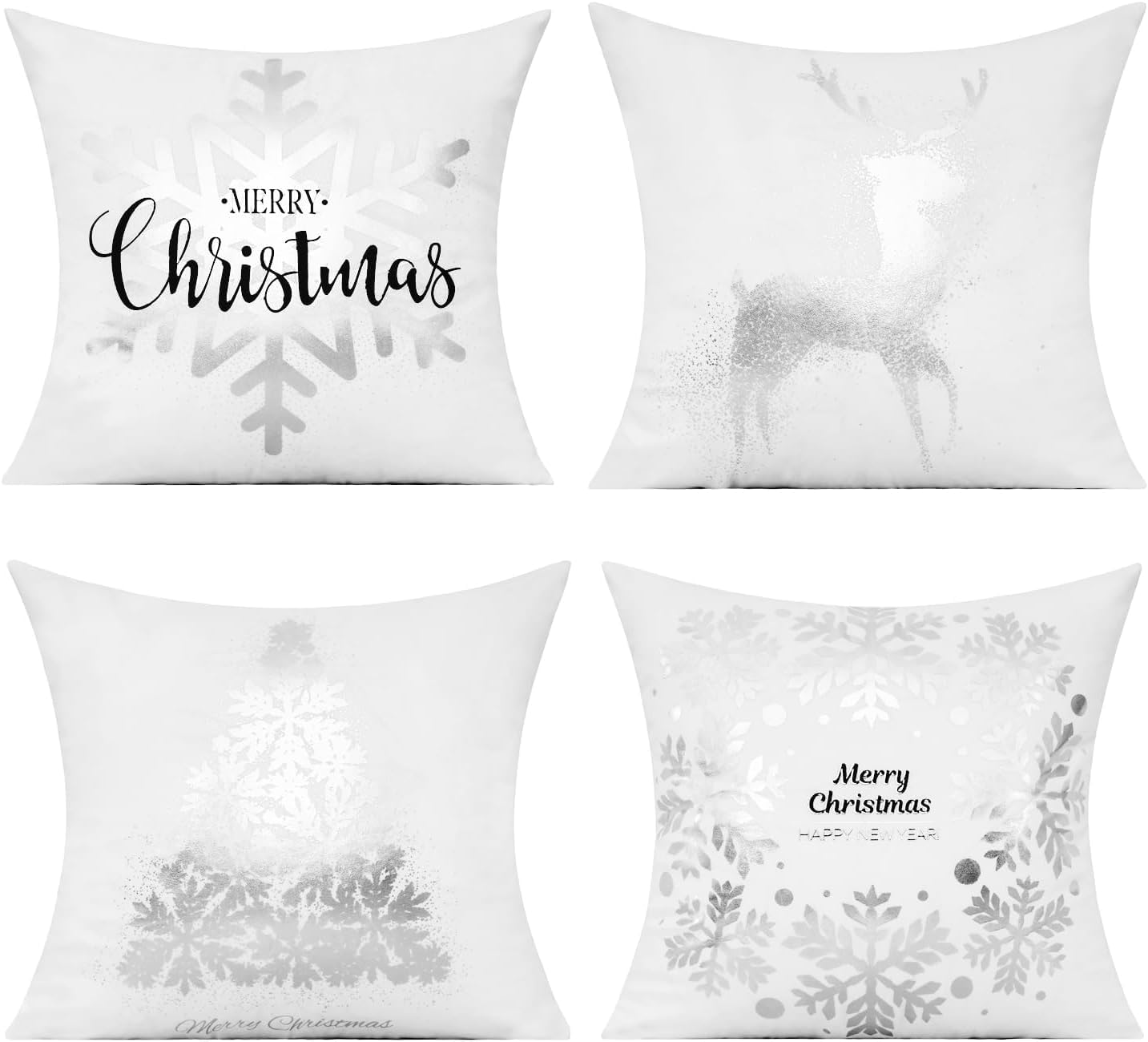 All Smiles White Gold Christmas Decorations Throw Pillow Covers 18X18 Set of 4 Winter Xmas Navidad Home Holiday Décor Velvet Cushion Cases for Sofa Tree Snowflake Reindeer