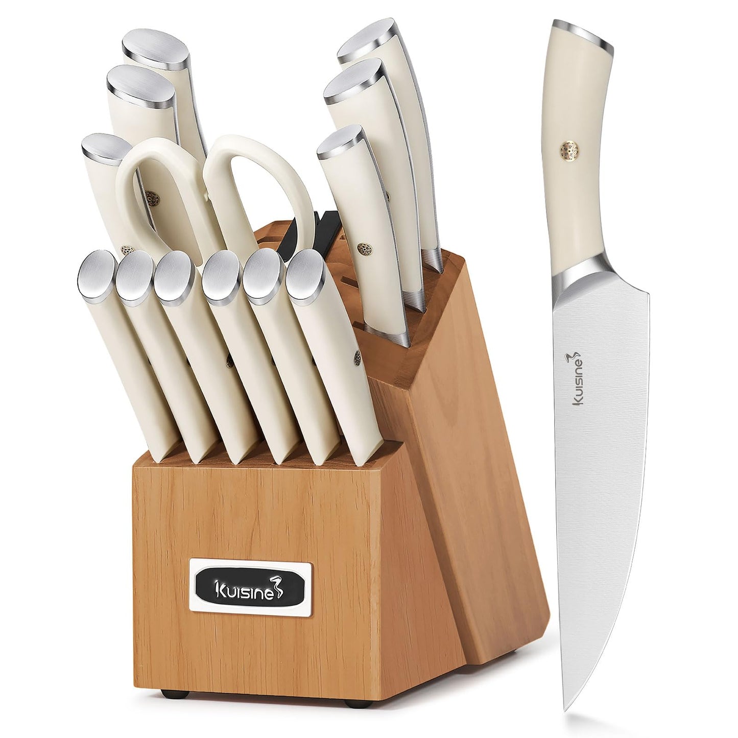 Kuisine Kitchen Knife Set,High Carbon Stainless Steel Ultra Sharp Blade Ergonomic Handle,Knife Block Set with Built-in Sharpener,Elegant Gift for Holiday(Irovy-Acacia,15PCS)