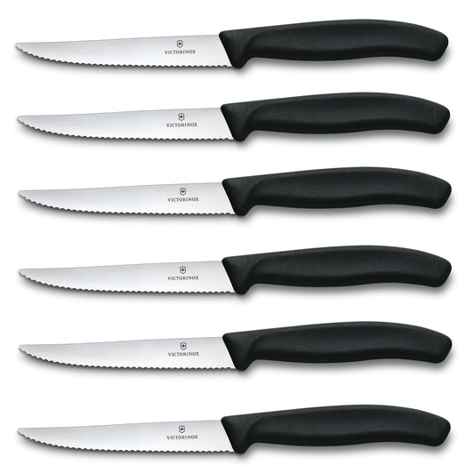 Victorinox 6.7233.6 Swiss Classic Steak Knife Set Ideal for Slicing a Wide Variety of Steak Cuts Serrated Blade in Black, Set of 6