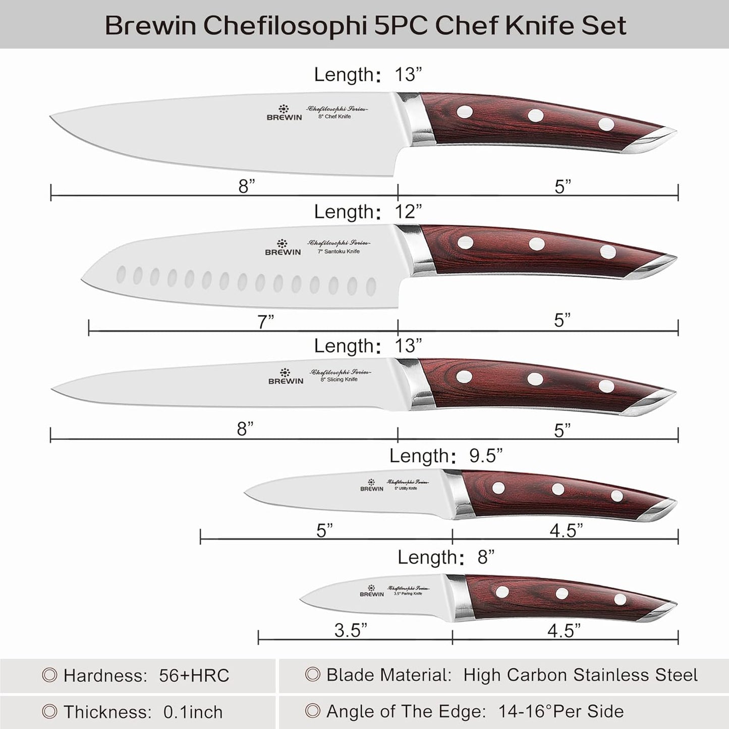 Brewin Chef's Knives, CHEFILOSOPHI Professional Chef Knife Set, Patented 5PCS Knife Set with Elegant Ergonomic Pakkawood Handle, Ultra Sharp Kitchen Knives, Japanese Chef Knife Set, Stainless Steel