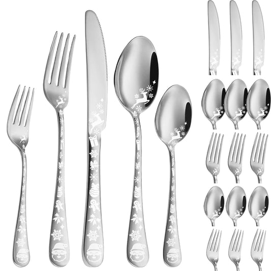 Vilihkc Christmas Style Silverware Set,20 Piece Stainless Steel Flatware Set, Kitchen Utensil Set Service for 4,Tableware Cutlery Set for Home and Restaurant,Dishwasher Safe