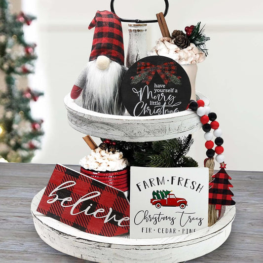 Christmas Decor - Christmas Decorations Indoor - Believe Merry Christmas Wooden Signs & Buffalo Plaid Gnomes Plush Set - Farmhouse Rustic Tiered Tray Country Decor for Home Room Table Mantle