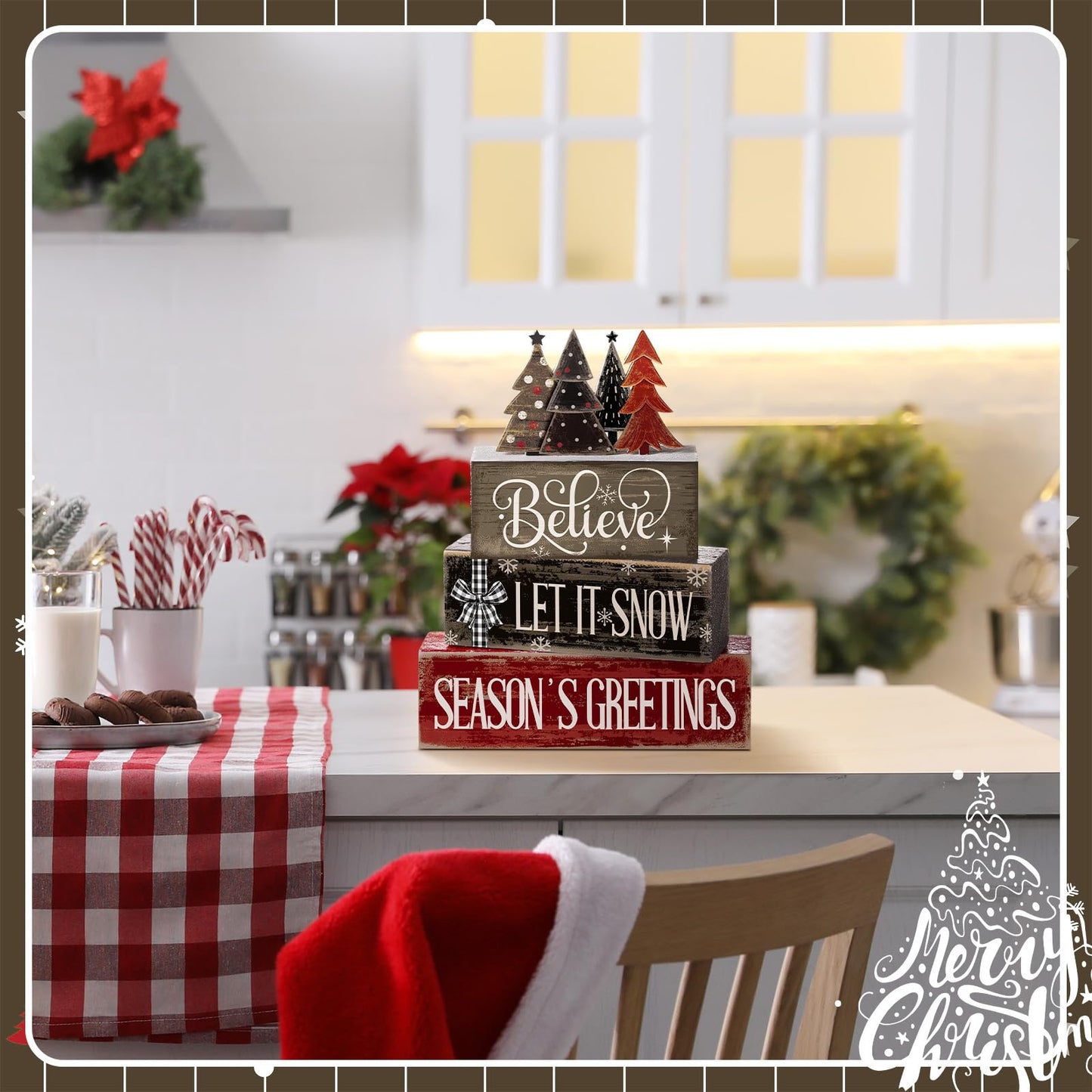 4 Pcs Wooden Christmas Tabletop Decor Christmas Tree Tiered Tray Decor Rustic Wood Christmas Tree Block Sign Gift Merry Christmas Centerpiece Farmhouse Christmas Table Decor