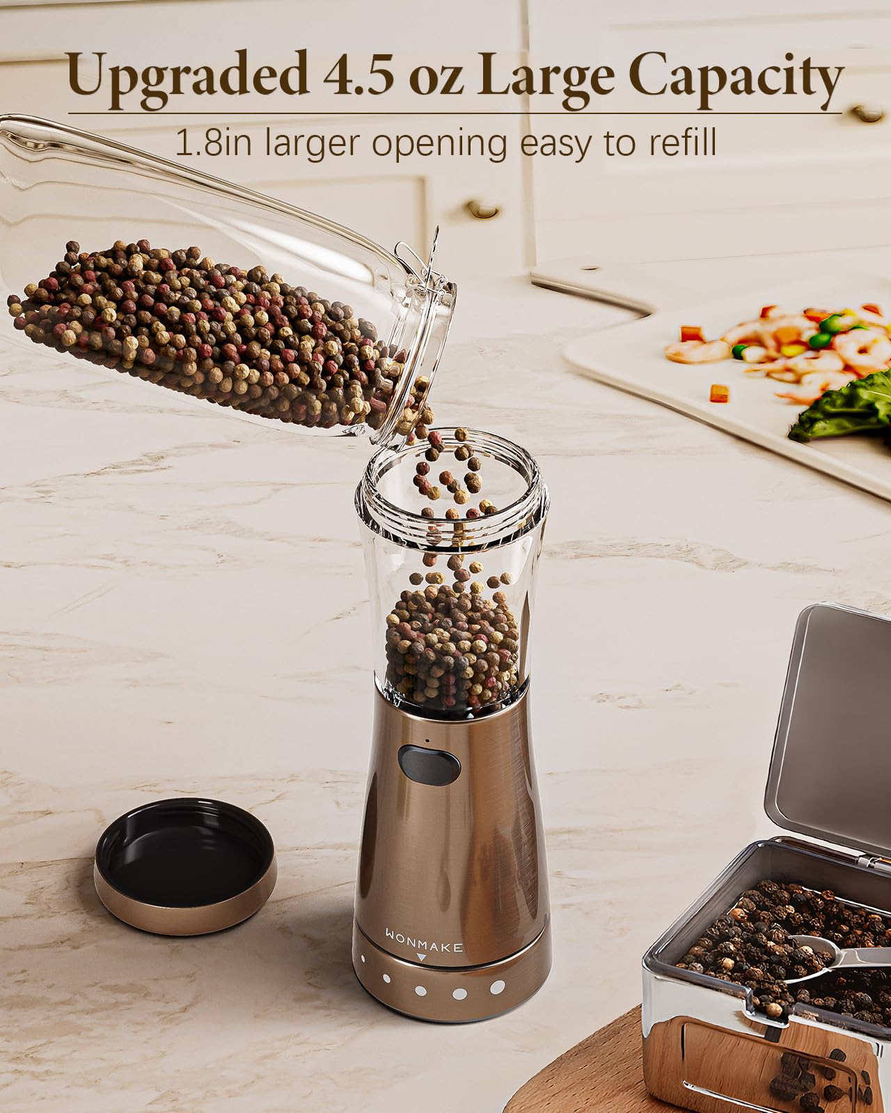 Electric Salt and Pepper Grinder Set with 4.5oz Large Capacity, Stainless Steel Rechargeable Salt and Pepper Grinder Set with 1.8" Wide Mouth, Adjustable Coarseness, Storage Base, Ideal Kitchen Gadget