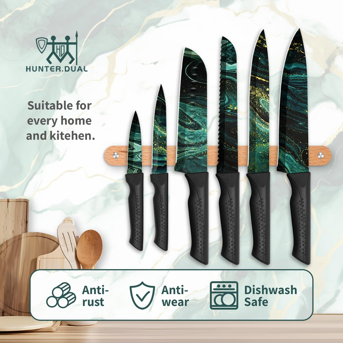 Knife Set, 12-PC Colorful Kitchen Knife Set, 6 Sharp Kitchen Knives with Covers for Cooking, Cutting&Chopping, Greenstone