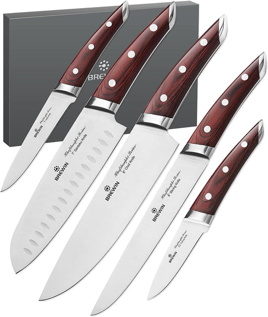 Brewin Chef's Knives, CHEFILOSOPHI Professional Chef Knife Set, Patented 5PCS Knife Set with Elegant Ergonomic Pakkawood Handle, Ultra Sharp Kitchen Knives, Japanese Chef Knife Set, Stainless Steel