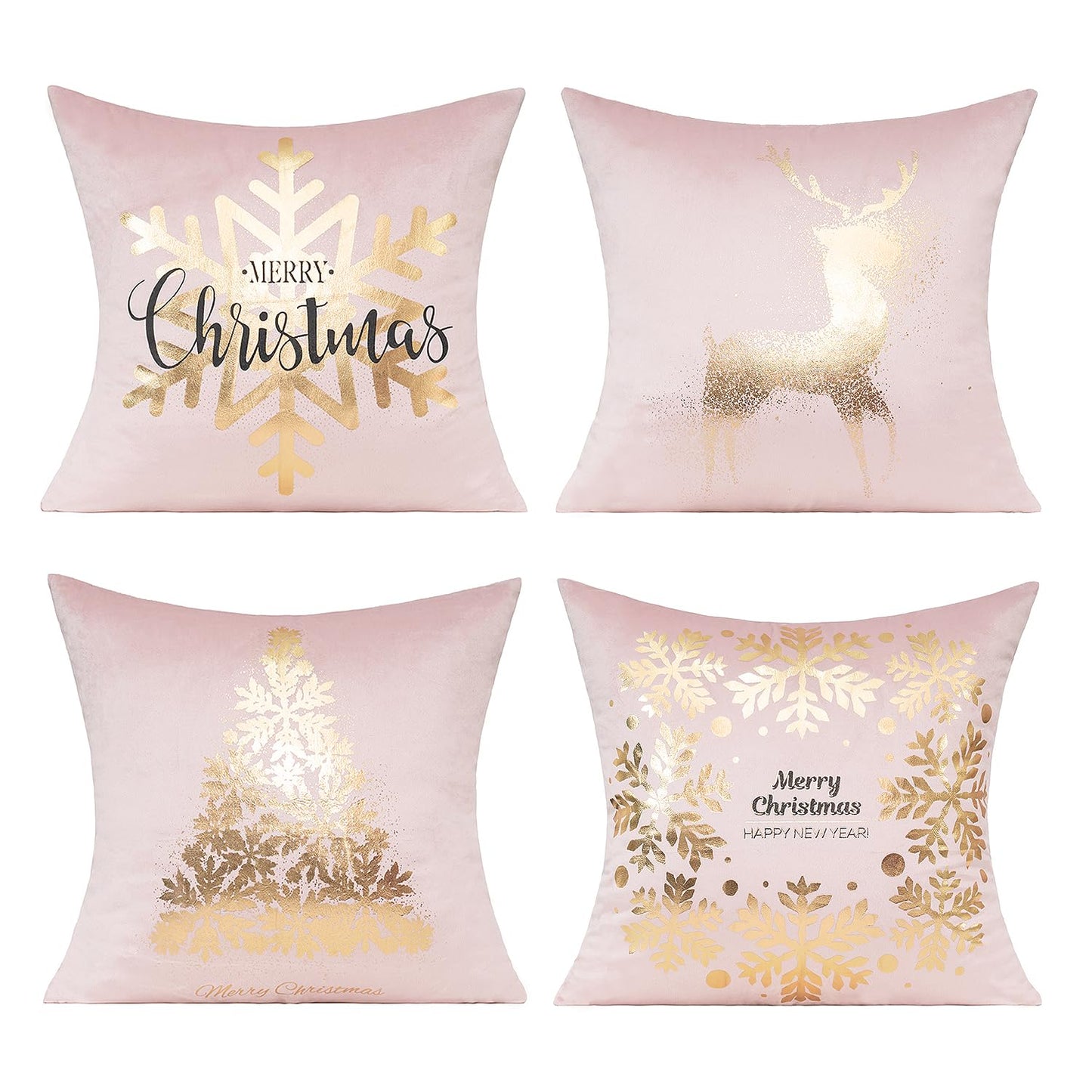 All Smiles White Gold Christmas Decorations Throw Pillow Covers 18X18 Set of 4 Winter Xmas Navidad Home Holiday Décor Velvet Cushion Cases for Sofa Tree Snowflake Reindeer