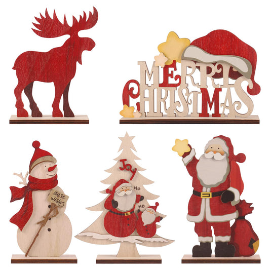 RoseCraft Christmas Decorations, Rustic Wooden Xmas Tabletop Decor, with Snowman/Reindeer/Xmas Tree/Santa Claus/Christmas Sign. for Home Farmhouse Indoor Holiday Party Decor - 5PCS.