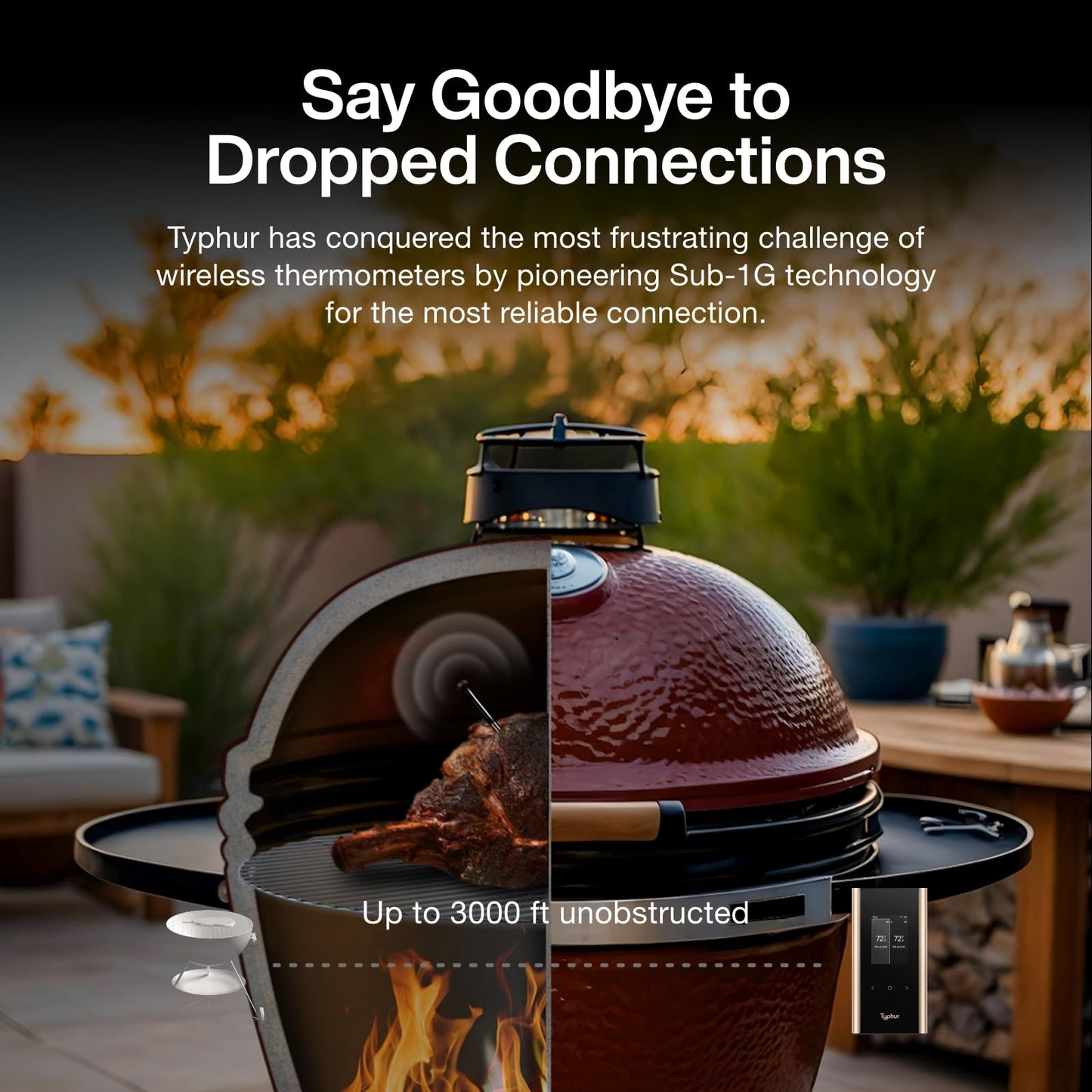 Sync Gold Wireless Meat Thermometer Digital with Dual 10X Signal Probes, Ensuring No Lost Connection in Kamado Cookers, Featuring a Standalone Base for Quick and Easy Control