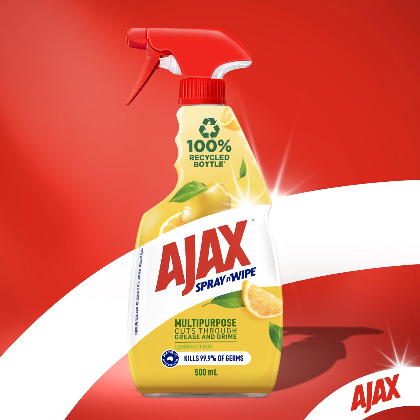 Ajax Spray n' Wipe Multi-Purpose Cleaner Trigger, Antibacterial Disinfectant, 500mL, Lemon Citrus Surface Spray, Household Grade