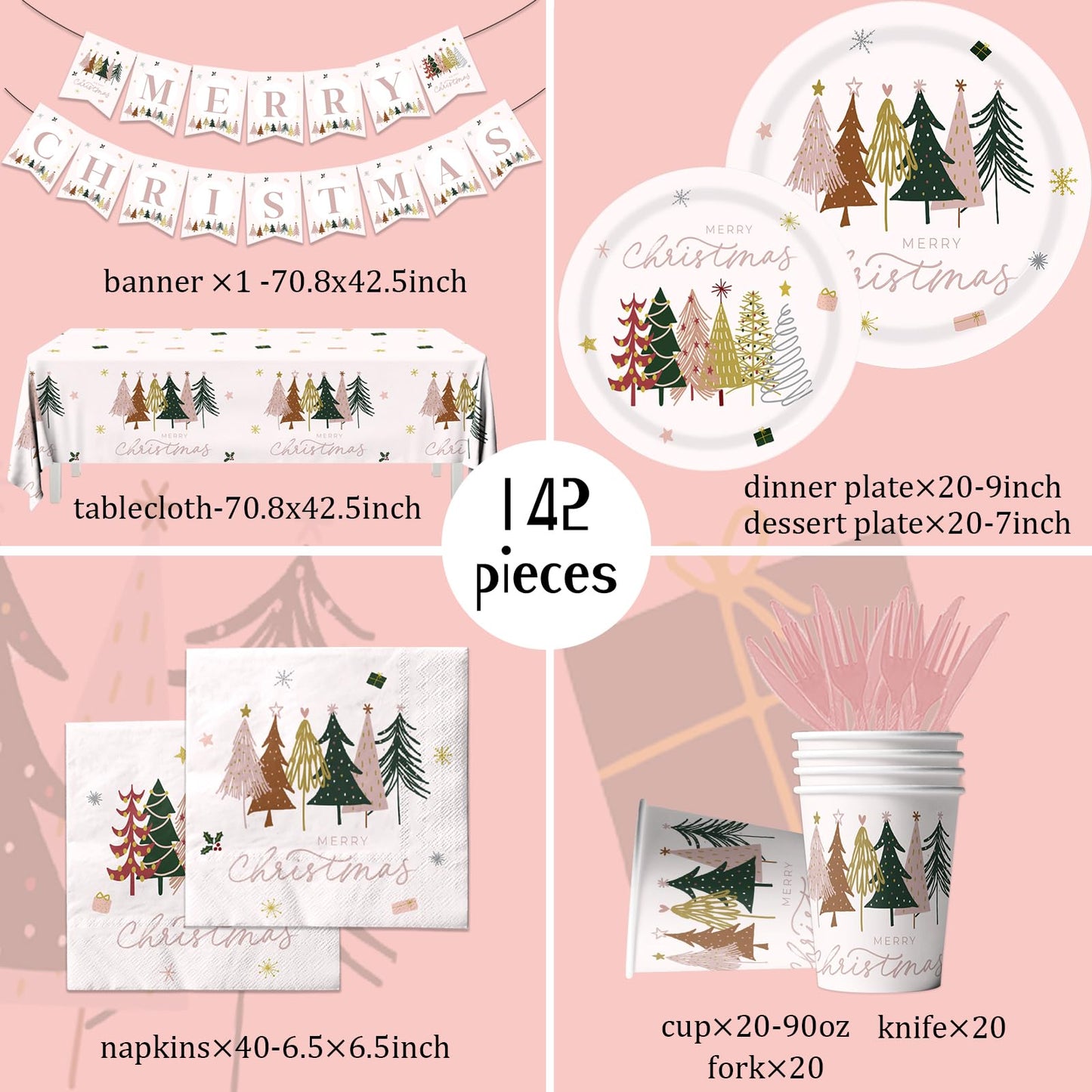 142 Pieces Merry Christmas Party Tableware Set Paper Plates,Napkins,Cups Pink Christmas Party Supplies Disposable Xmas Tree Theme Table Decorations for Xmas Birthday Party Favors