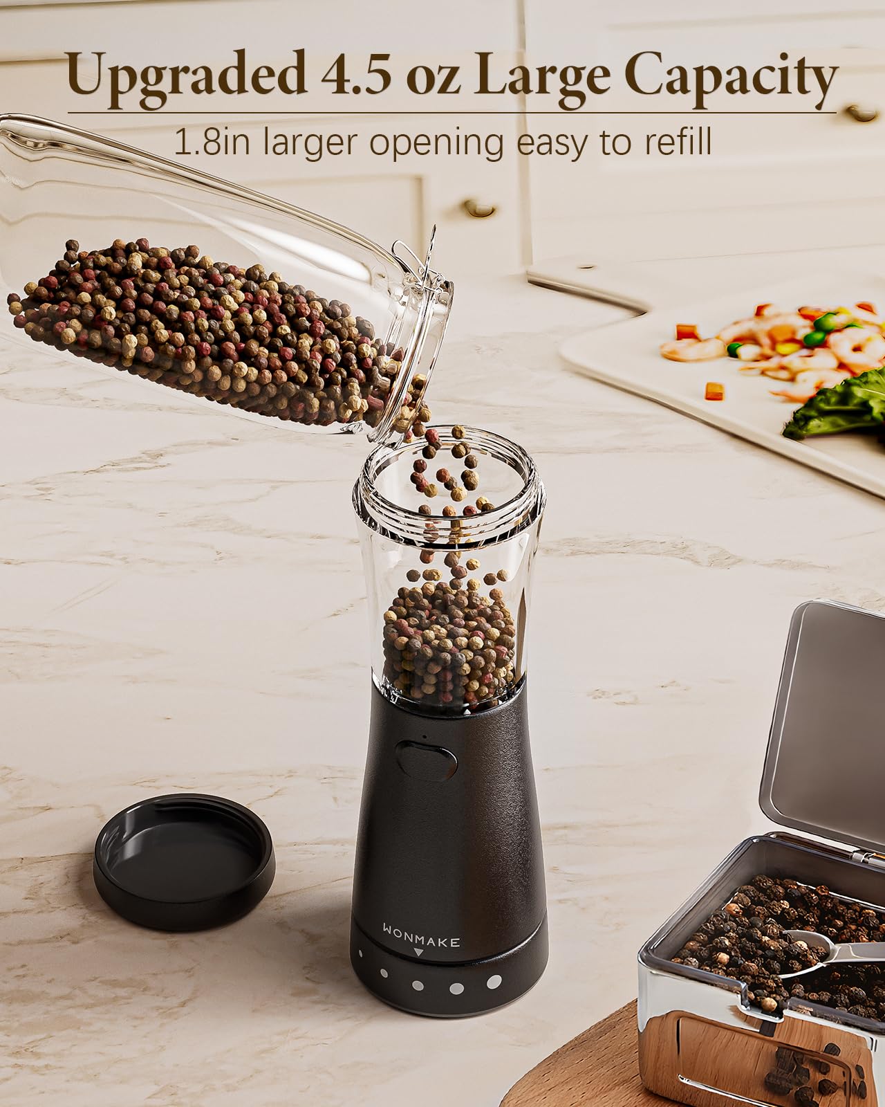 Electric Salt and Pepper Grinder Set with 4.5oz Large Capacity, Stainless Steel Rechargeable Salt and Pepper Grinder Set with 1.8" Wide Mouth, Adjustable Coarseness, Storage Base, Ideal Kitchen Gadget