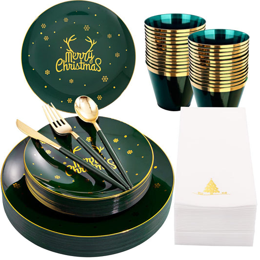 Nervure 175PCS Christmas Plastic Plates - Green and Gold Disposable Plates & Gold Plastic Silverware with Green Handle include 50 Plates 25Knives 25Forks 25Spoons 25Napkins for Christmas Party