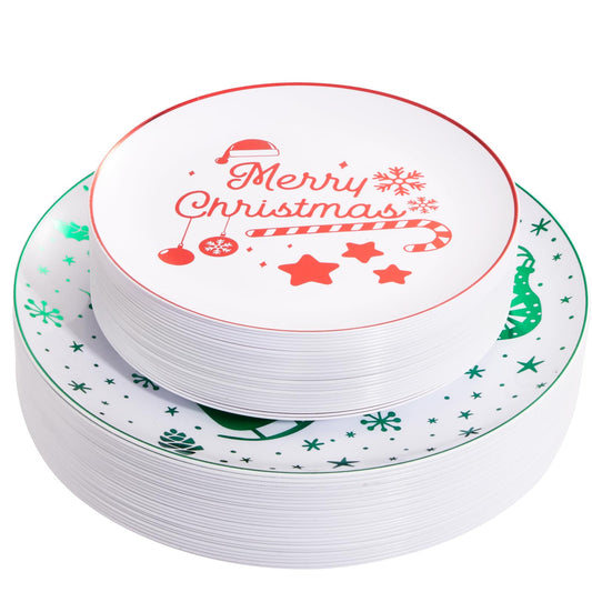 U-QE 60pcs Christmas Disposable Plates-2023 New Christmas Plastic Plates for 30 Guests Include 30 Green Dinner Plates 10.25’’ & 30 Red Dessert Plates 7.5’’, Premium Supplies for Christmas Theme Party