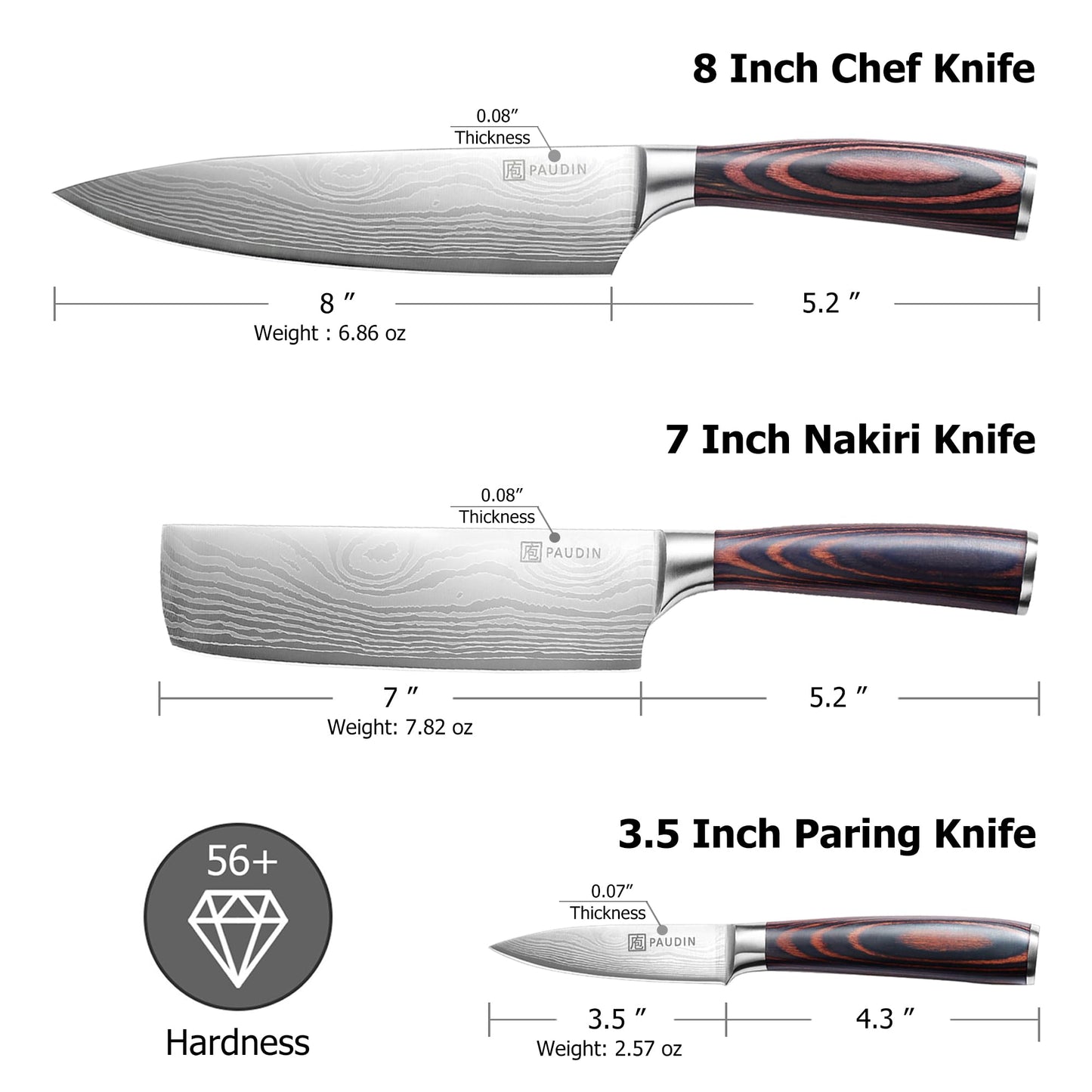 PAUDIN Kitchen Knife Set, 3 Piece High Carbon Stainless Steel Professional Chef Knife Set with Ultra Sharp Blade & Wooden Handle (Kitchen Knife Set 3 Pcs)