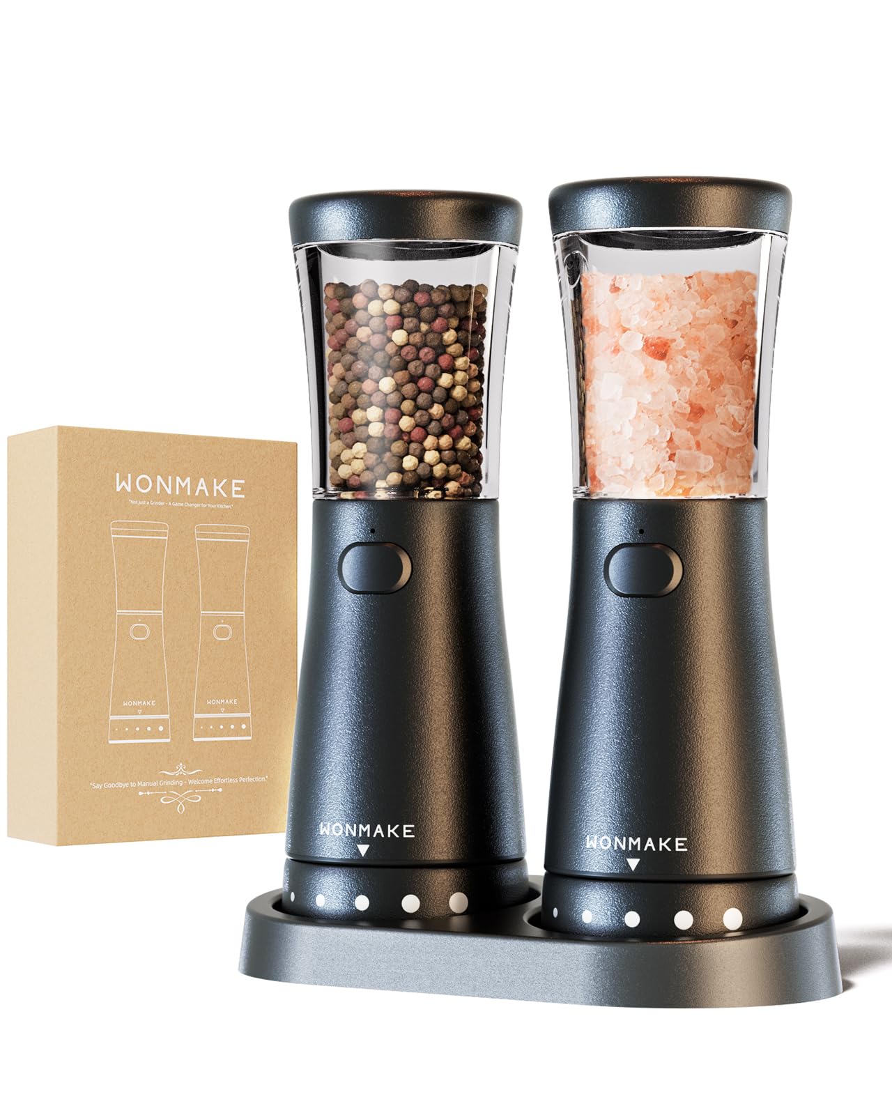 Electric Salt and Pepper Grinder Set with 4.5oz Large Capacity, Stainless Steel Rechargeable Salt and Pepper Grinder Set with 1.8" Wide Mouth, Adjustable Coarseness, Storage Base, Ideal Kitchen Gadget