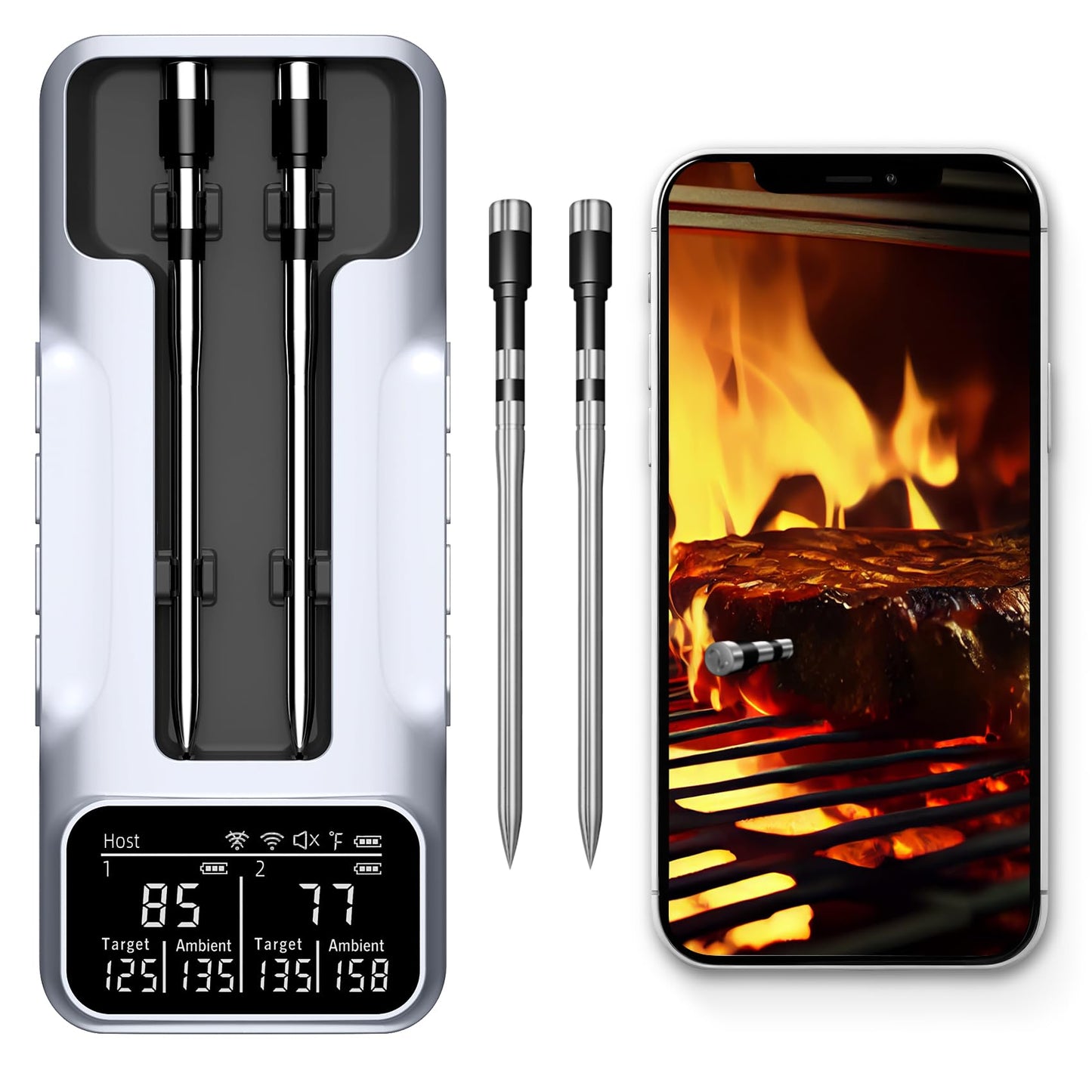 800ft Wireless Meat Thermometer with 2 Upgraded Thinner Probes Digital BBQ Thermometer Wireless with Large LCD Screen Bluetooth Thermometer for BBQ Oven, Smoker, Barbecue Shop Thermometer