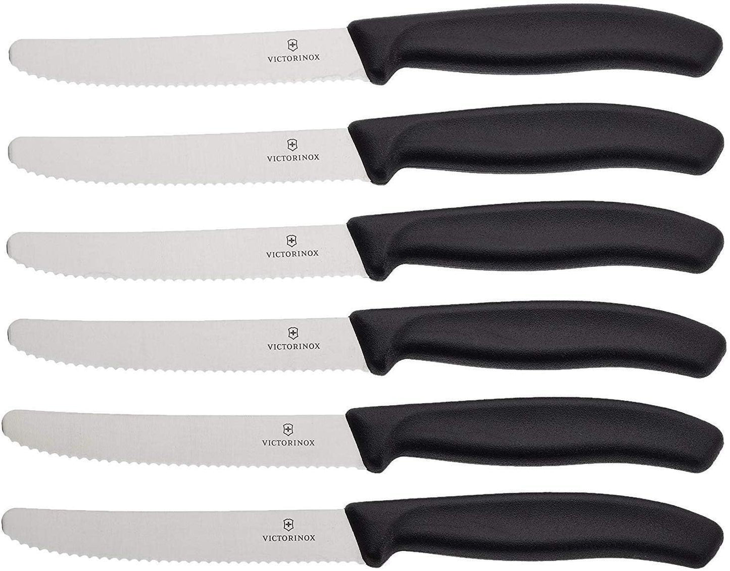 Victorinox 6.7833.6 Swiss Classic Tomato and Table Knife Set for Everyday Family Dining Serrated Blade in Black, Set of 6