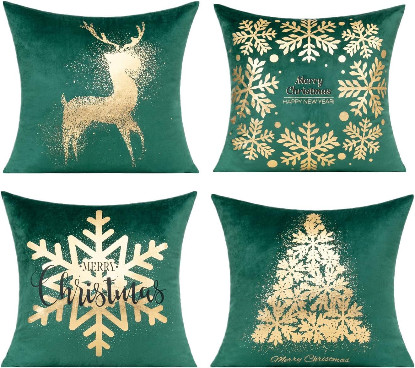 All Smiles White Gold Christmas Decorations Throw Pillow Covers 18X18 Set of 4 Winter Xmas Navidad Home Holiday Décor Velvet Cushion Cases for Sofa Tree Snowflake Reindeer