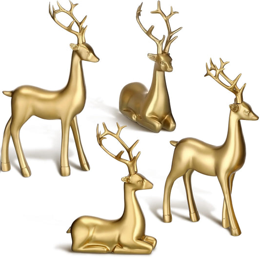 Thyle 4 Pcs Christmas Resin Sitting Standing Deer Statue Reindeer Figurines Deer Decorations for Home Indoor Rustic Christmas Home Decor Statue Small Reindeer Sculpture (Gold)