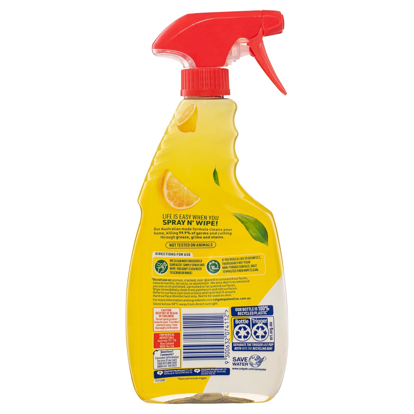 Ajax Spray n' Wipe Multi-Purpose Cleaner Trigger, Antibacterial Disinfectant, 500mL, Lemon Citrus Surface Spray, Household Grade