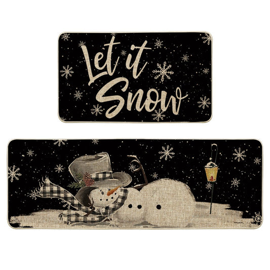 Artoid Mode Let It Snow Snowflake Snowman Light Christmas Decorative Kitchen Mats Set of 2, Home Party Low-Profile Kitchen Rugs - 17x29 and 17x47 Inch