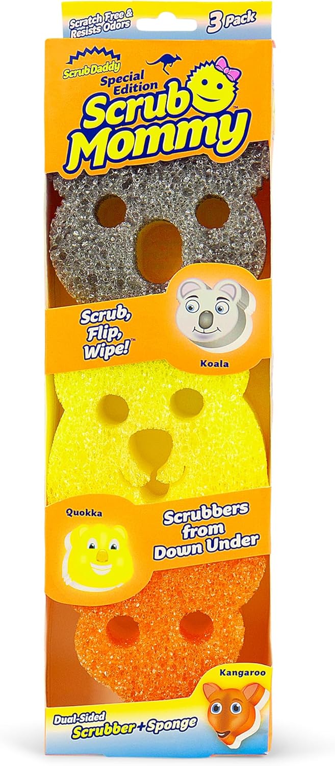 Scrub Mommy Aussie Shapes 3 Pack - Limited Edition Grey Koala, Yellow Quokka, Orange Kangaroo - One Side for Scrubbing, The Other for Mopping Up