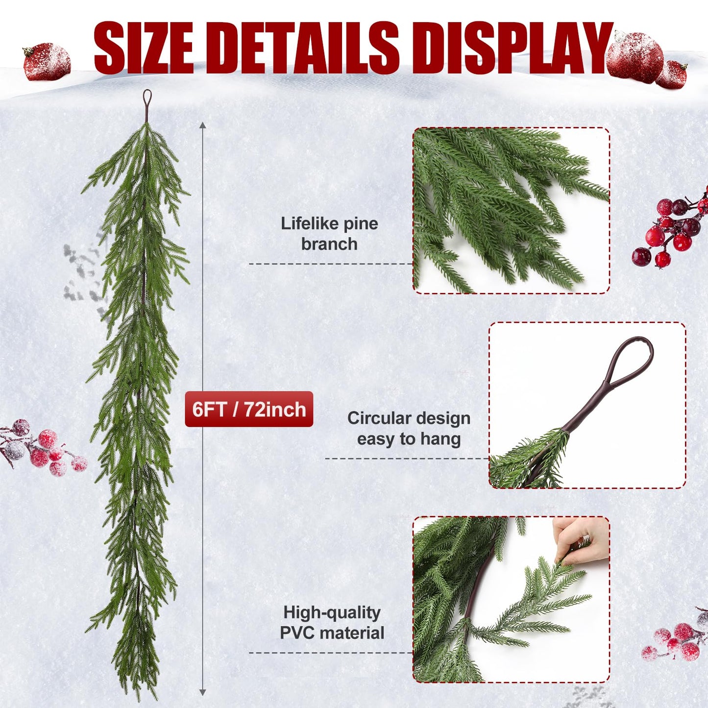 Artgar Pine Garland - 6 Ft Christmas Garland - Pine Garland Realistic - Artificial Green Cedar Garland - Garland Christmas Decorations for Home Mantel Stairs Dining Table Christmas Decor (Green)