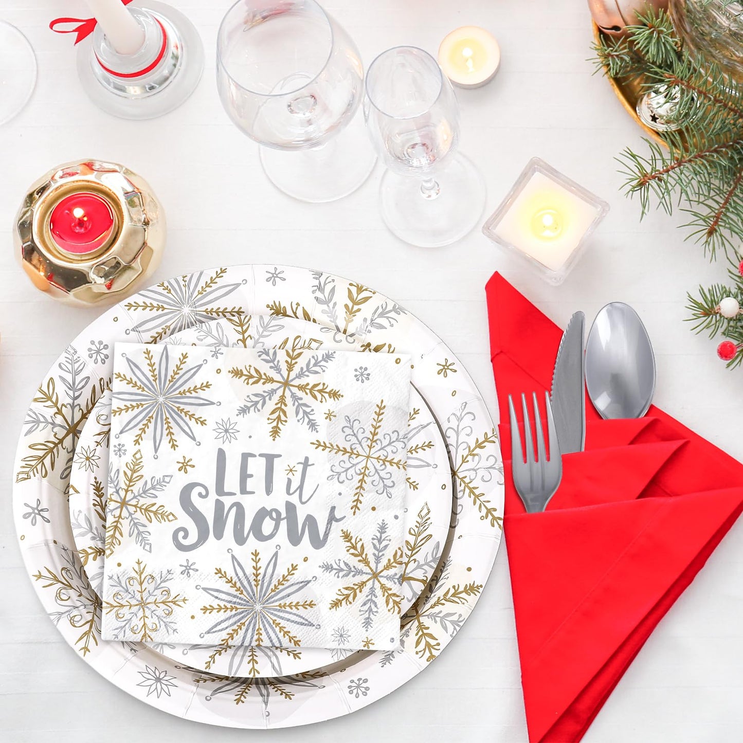 175Pcs Christmas Party Supplies Kit Silver Foil Snowflake Tableware Set Winter Disposable Dinnerware Paper Napkin Plate Cup Plastic Fork Knives Spoon for 25 Guests Party Favors