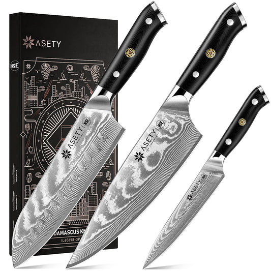 Damascus Knife Set 3 PCS, NSF Food-Safe Japanese Kitchen Knife Set with VG10 Steel Core, Ultra-Sharp Professional Chef Knife Set and Full Tang G10 Handle, Elegant Box