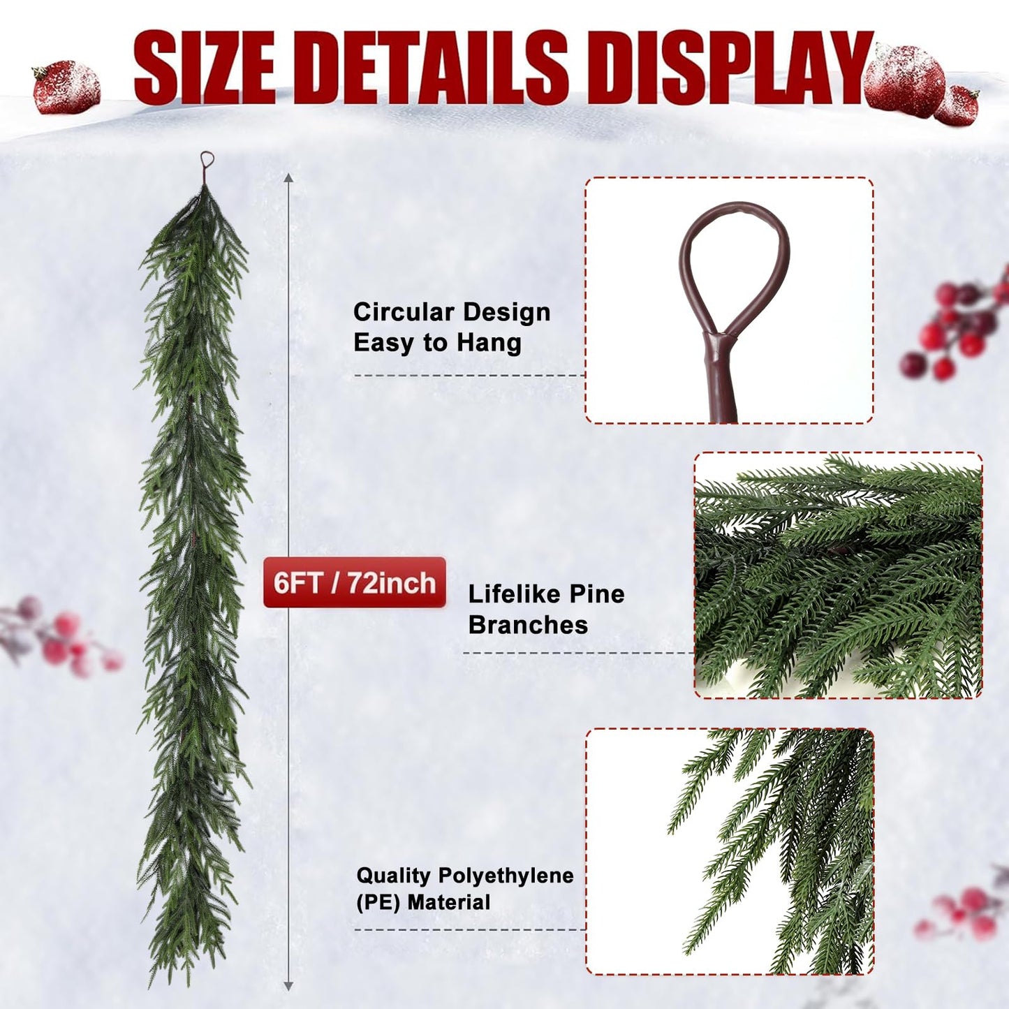 Artgar Pine Garland - 6 Ft Christmas Garland - Pine Garland Realistic - Artificial Green Cedar Garland - Garland Christmas Decorations for Home Mantel Stairs Dining Table Christmas Decor (Green)