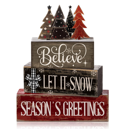 4 Pcs Wooden Christmas Tabletop Decor Christmas Tree Tiered Tray Decor Rustic Wood Christmas Tree Block Sign Gift Merry Christmas Centerpiece Farmhouse Christmas Table Decor