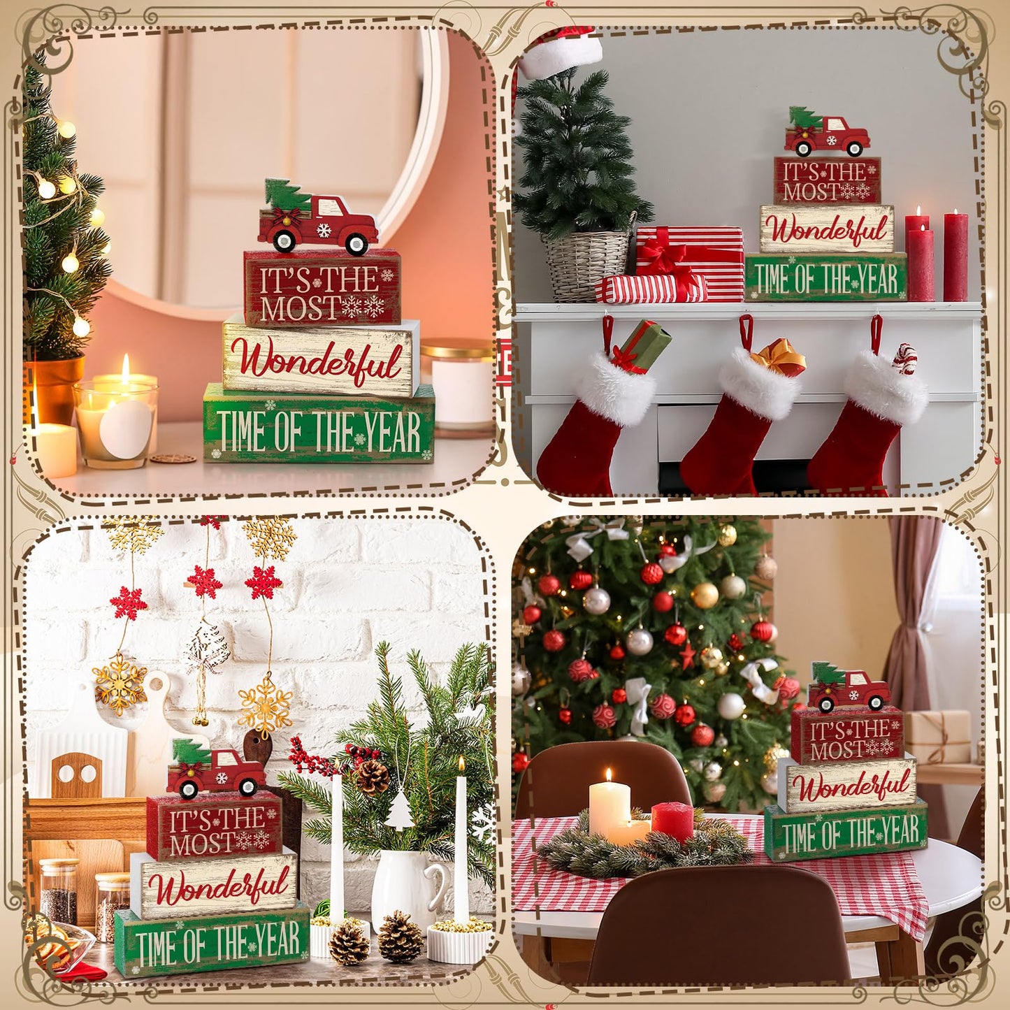 4 Pcs Wooden Christmas Tabletop Decor Christmas Tree Tiered Tray Decor Rustic Wood Christmas Tree Block Sign Gift Merry Christmas Centerpiece Farmhouse Christmas Table Decor