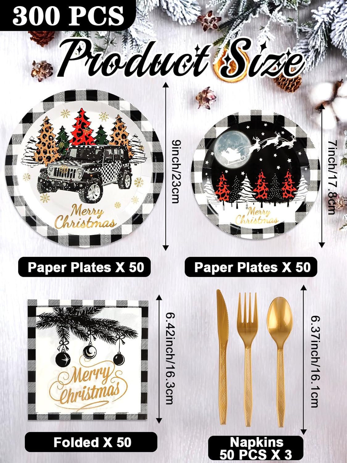 300 Pcs Christmas Party Supplies Paper Plates Set, Lorvain Christmas Tableware Set with Napkins Knife Fork Spoon Black Plaid Car Xmas Night Scene Disposable Dinnerware (Serve 50) for Holiday Party