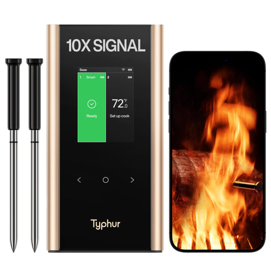 Sync Gold Wireless Meat Thermometer Digital with Dual 10X Signal Probes, Ensuring No Lost Connection in Kamado Cookers, Featuring a Standalone Base for Quick and Easy Control