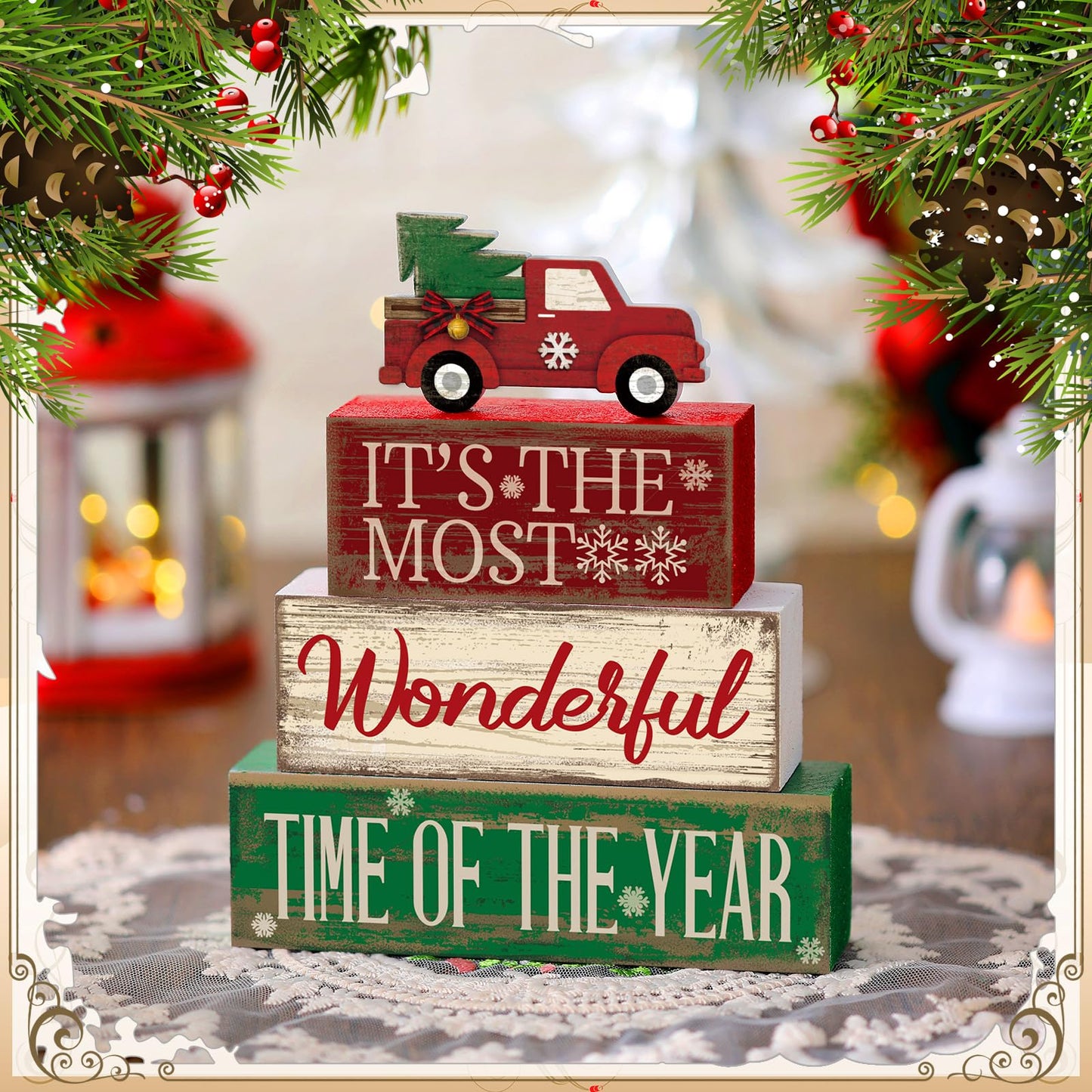 4 Pcs Wooden Christmas Tabletop Decor Christmas Tree Tiered Tray Decor Rustic Wood Christmas Tree Block Sign Gift Merry Christmas Centerpiece Farmhouse Christmas Table Decor