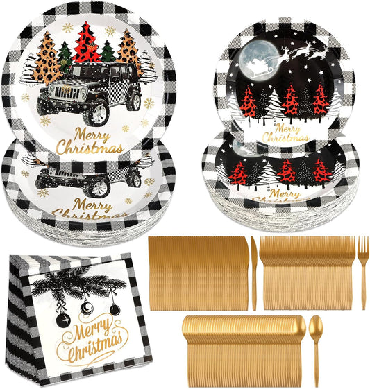 300 Pcs Christmas Party Supplies Paper Plates Set, Lorvain Christmas Tableware Set with Napkins Knife Fork Spoon Black Plaid Car Xmas Night Scene Disposable Dinnerware (Serve 50) for Holiday Party