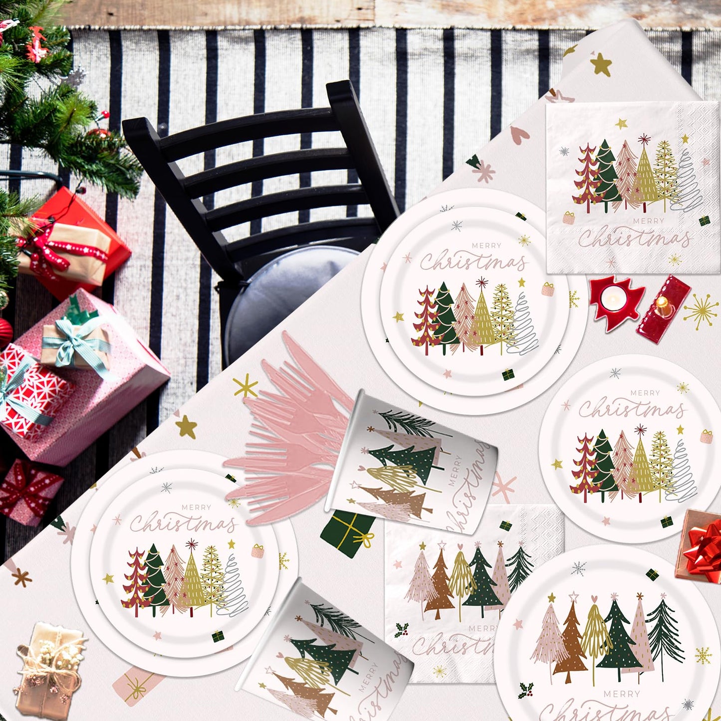 142 Pieces Merry Christmas Party Tableware Set Paper Plates,Napkins,Cups Pink Christmas Party Supplies Disposable Xmas Tree Theme Table Decorations for Xmas Birthday Party Favors