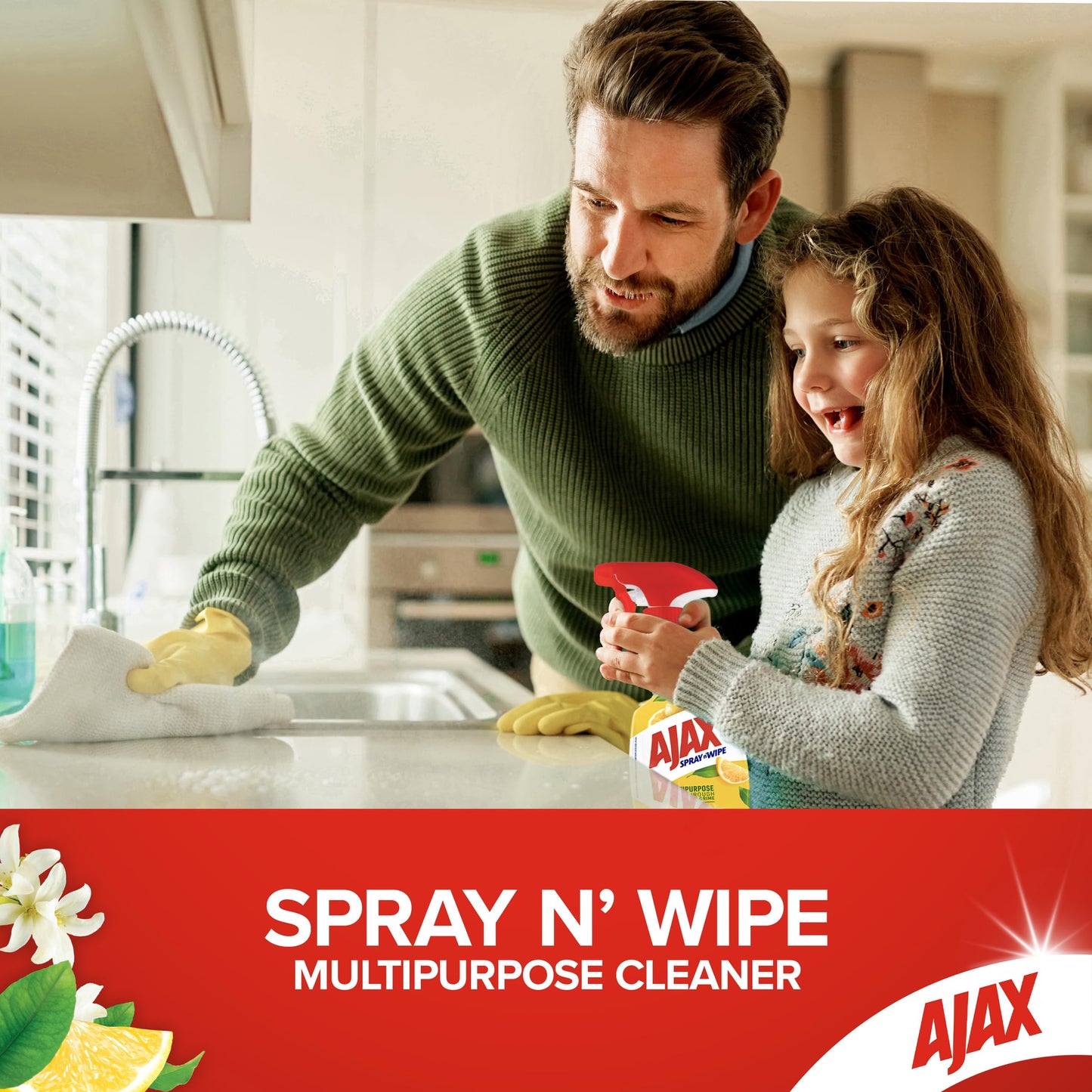 Ajax Spray n' Wipe Multi-Purpose Cleaner Trigger, Antibacterial Disinfectant, 500mL, Lemon Citrus Surface Spray, Household Grade