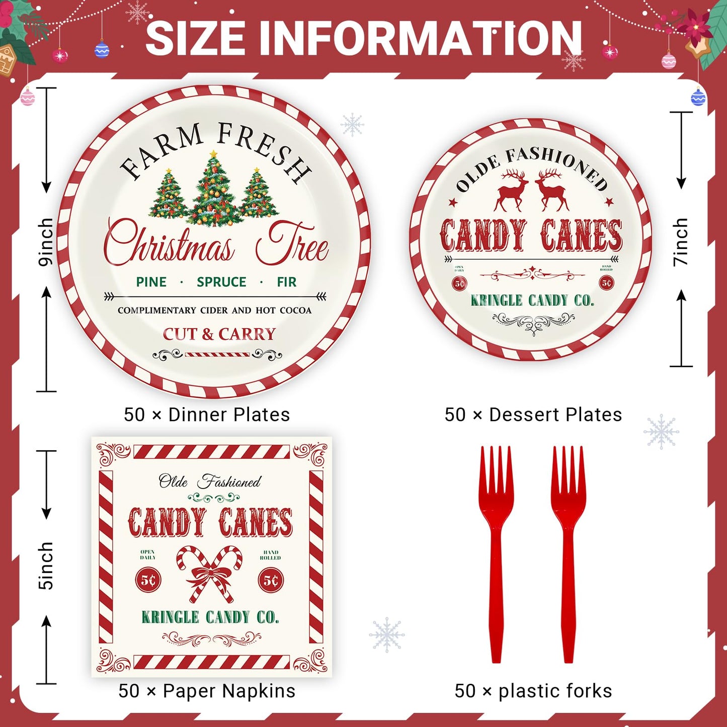 200Pcs Christmas Farmhouse Plates and Napkins Christmas Old Fashion Tableware Set Xmas Tree Candy Canes Disposable Dinnerware Set Winter Holiday Birthday Party Supplies Decorations Serve for 50 Guests